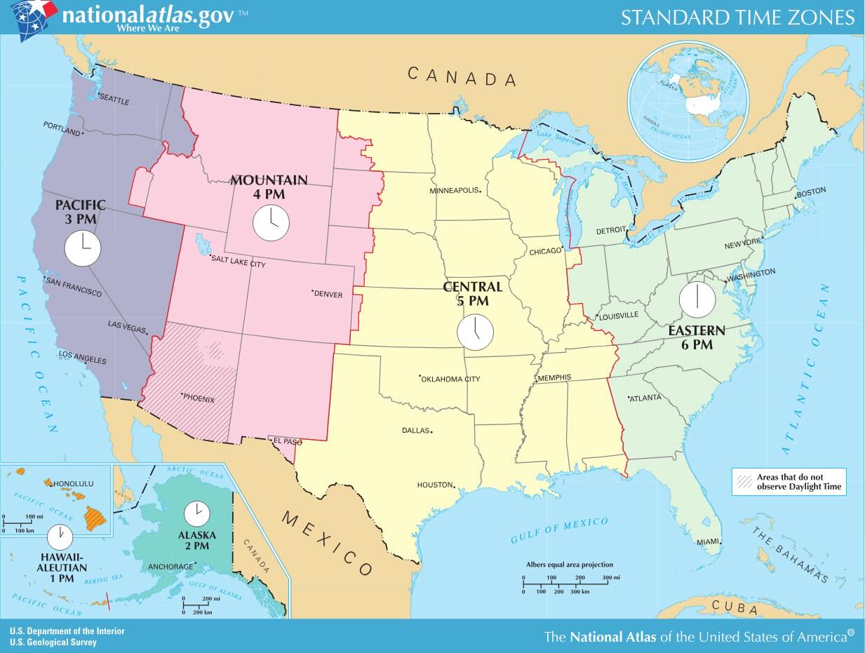 The primary standard time zones in the contiguous United States, plus additional zones for Alaska and Hawaii
